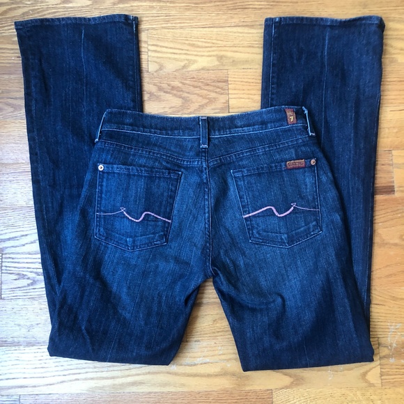 7 FOR ALL MANKIND Bootcut Y2K Pink Stitch Boho Retro Dark Wash Jeans | Size 29 - Picture 1 of 9